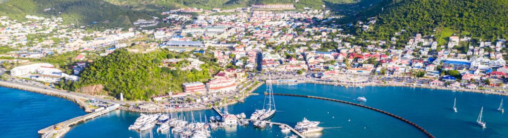 Arial view of Marigot, the main town and capital in the French Saint Martin
