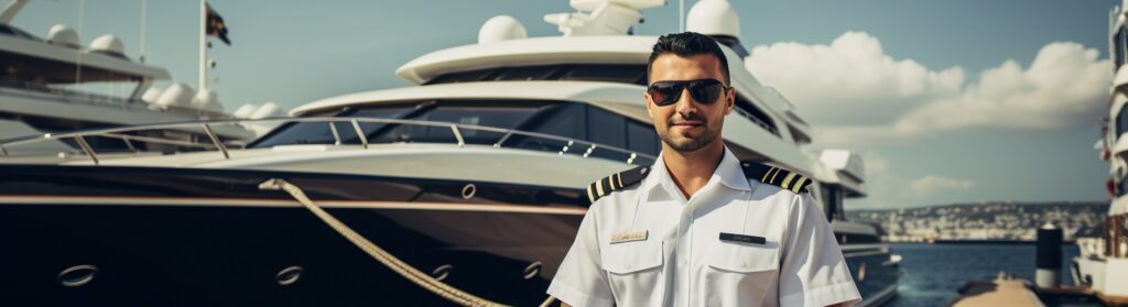 captain standing in front of a luxury yacht