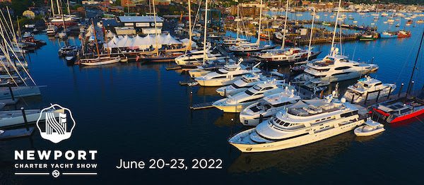 Aerial view of Newport Charter Yacht Show, showcasing luxury yachts in a marina, dated June 20-23, 2022.