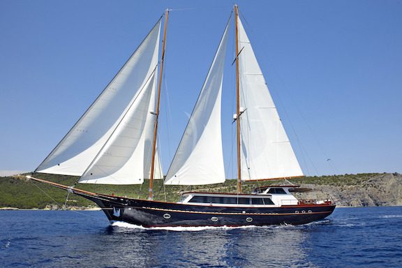 Luxury sailing yacht on open sea with white sails against clear blue sky, showcasing elegant design and marine travel allure.