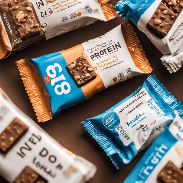 Assorted wrapped protein bars with different flavors and designs displayed on a brown surface.