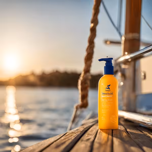 Sunscreen bottle on a boat deck during sunset over the ocean.