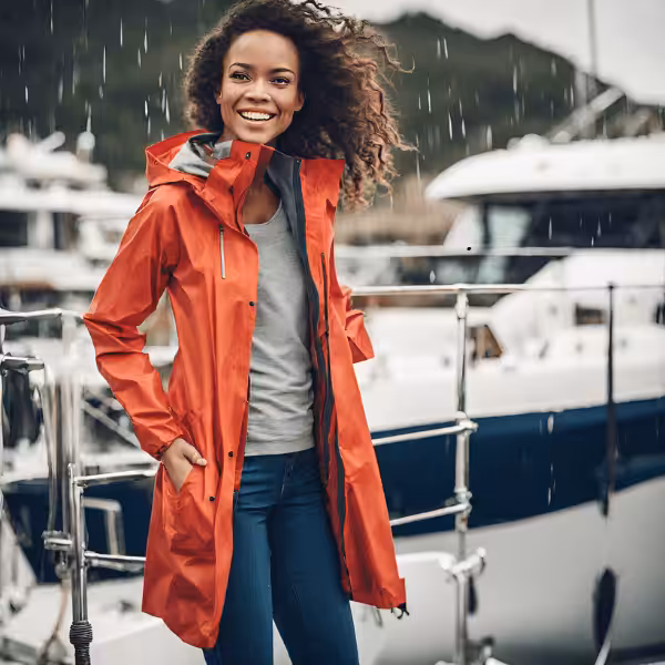 Woman wearing red raincoat on a yacht during rainfall, smiling with a mountainous background.