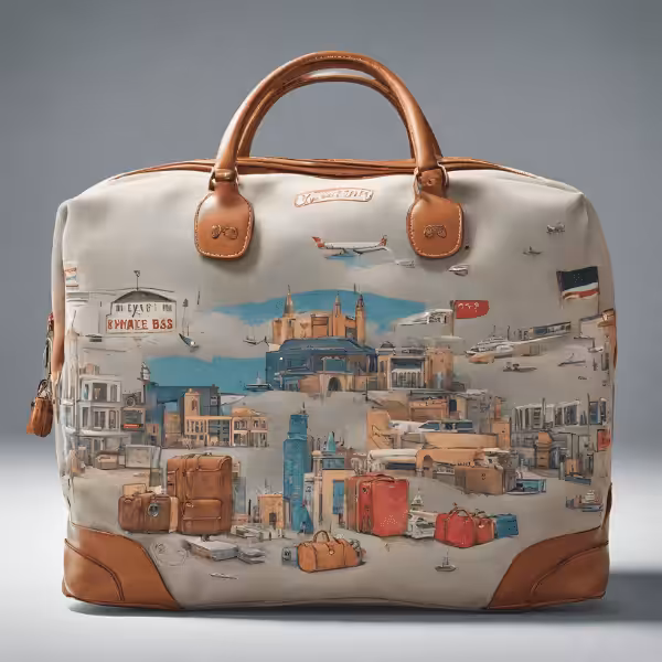 Travel-themed designer bag with brown leather handles featuring an illustrated cityscape and travel icons.