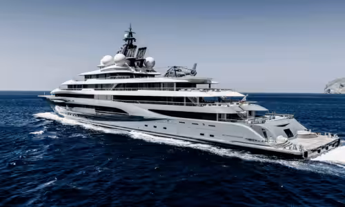 Luxurious superyacht with helicopter cruising on open sea with blue water and clear sky in the background