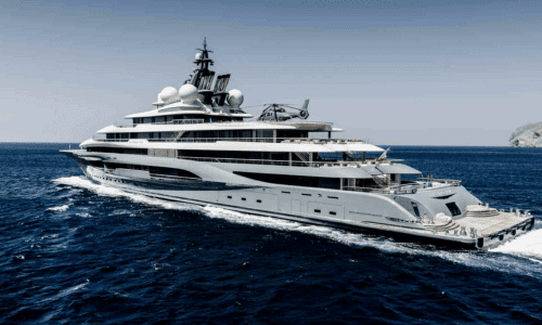 Luxurious superyacht with helicopter cruising on open sea with blue water and clear sky in the background