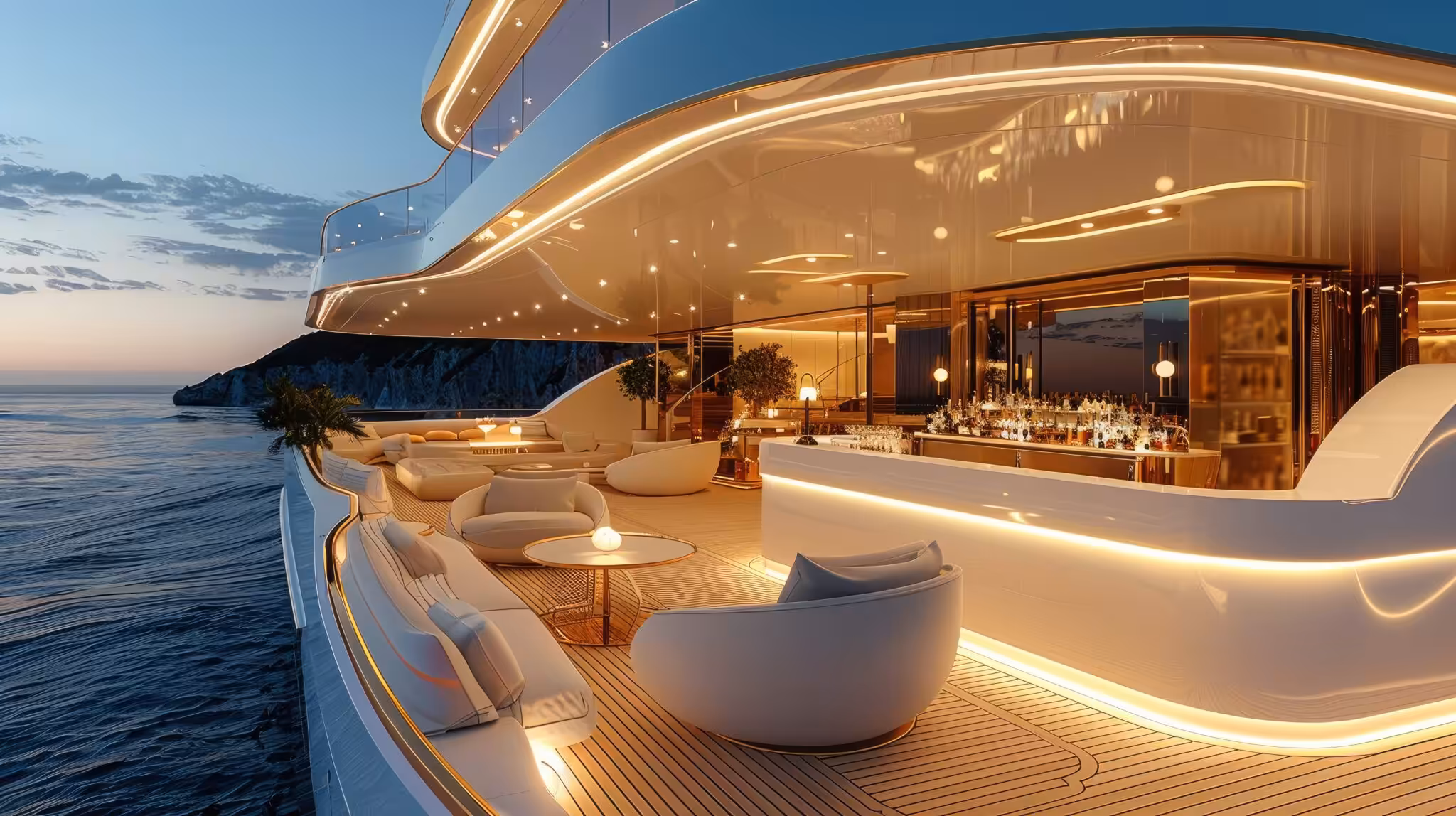A large outdoor lounge and backlit stone bar with teak decking and white furniture on a super yacht. Generative AI.
