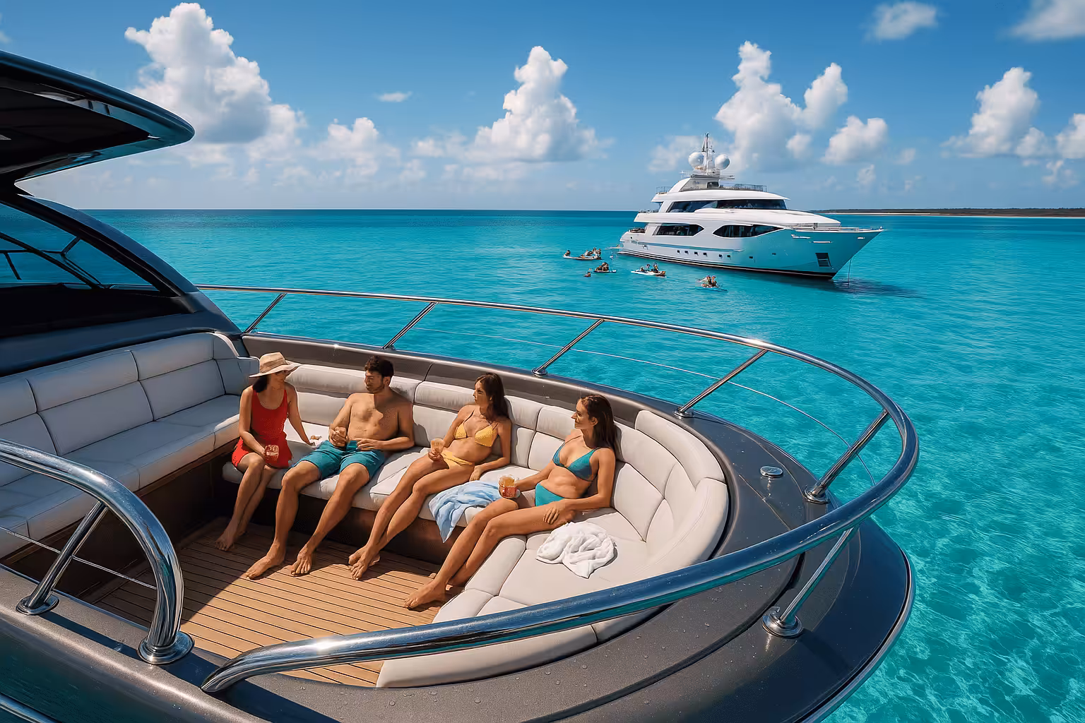 Two luxury yachts anchored in turquoise Bahamian waters; one private yacht with friends relaxing on deck, another group yacht nearby with water toys and families enjoying the sun. Crystal-clear water, island backdrop, and bright tropical sky create a vibrant, inviting scene.