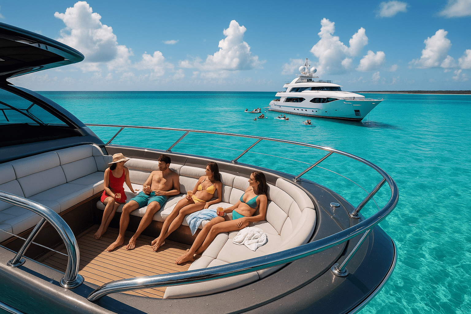 Two luxury yachts anchored in turquoise Bahamian waters; one private yacht with friends relaxing on deck, another group yacht nearby with water toys and families enjoying the sun. Crystal-clear water, island backdrop, and bright tropical sky create a vibrant, inviting scene.