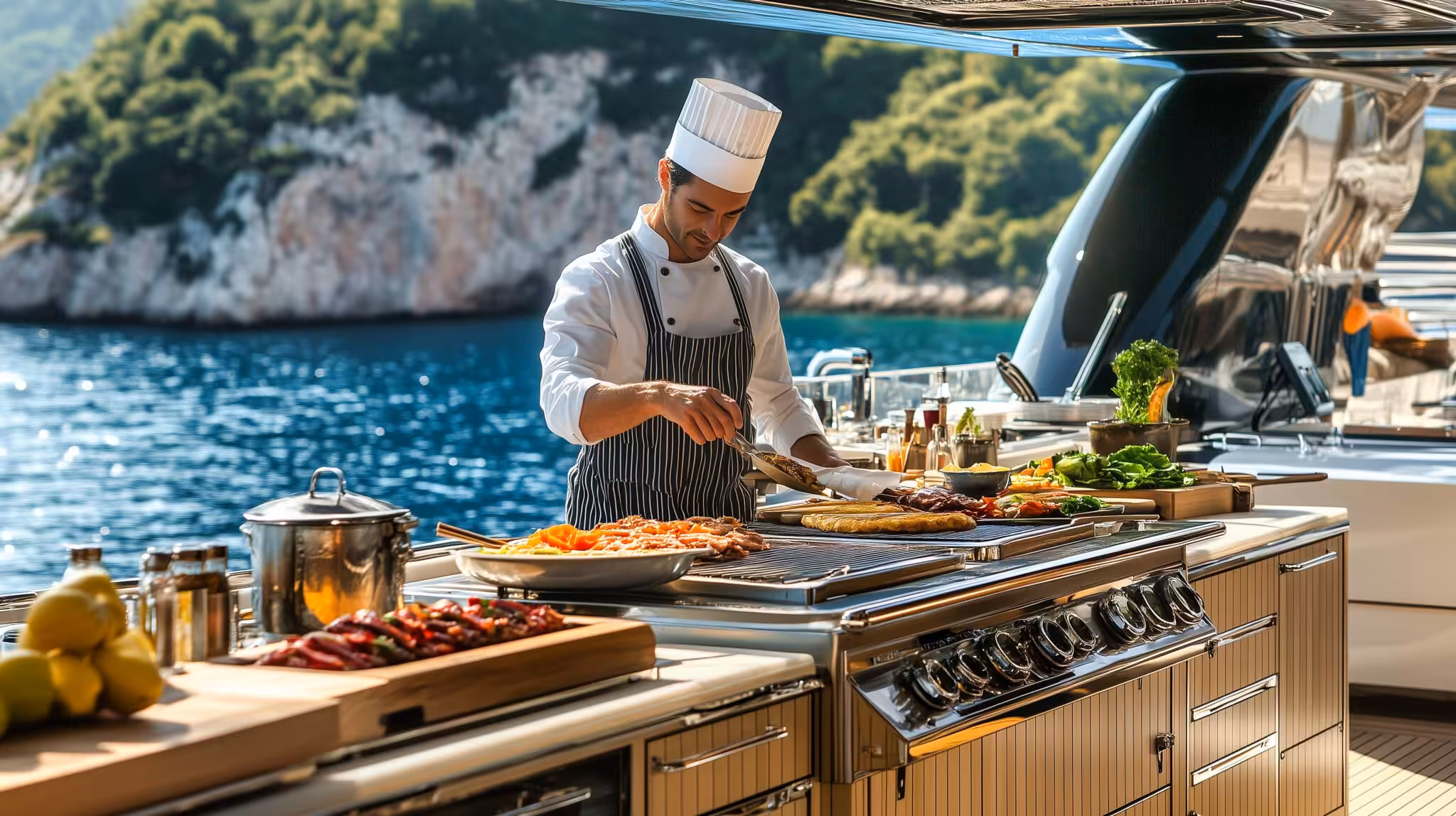 Male chef preparing gourmet dishes on a luxury yacht in a stunning coastal setting.